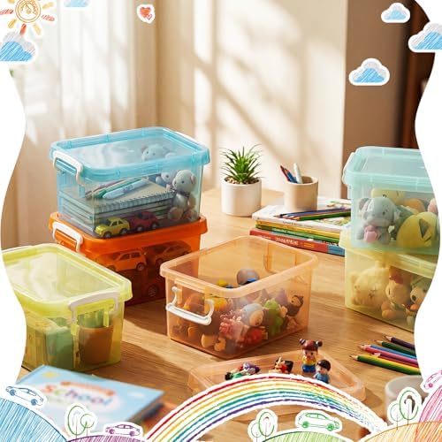 Wenqik 6 Pack Colorful Plastic Storage Bins with Lids, Pastel | 4 Quart Clear Plastic Small Bins, Stackable Nestable, Latching Buckles, Kids Toy Sorting Playroom, Craft Supplies Storage