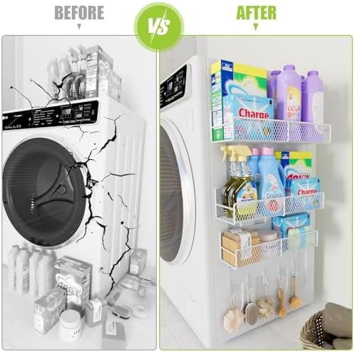 4 Pack Magnetic Shelves for Washing Machine, Heavy-Duty Magnetic Laundry Organizer with Hooks, Washing Machine Shelf for Refrigerator, Metal Storage Baskets, Closet & Laundry Room Organization(White)