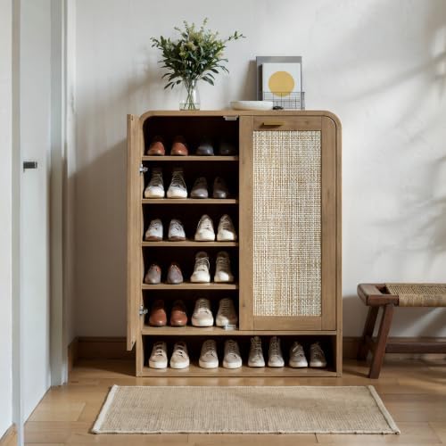 Evermagin 41 Inch Rattan Shoe Storage Cabinet Holds 24 Pairs, Caramel Oak