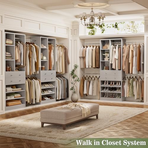 Besiost Closet System, 4.2–8.8 FT Closet Organizer with 2 Wooden Drawers and Shelves, Walk-in Closet System with 5 Hang Rods, Built-in Reach in Closet Tower, Can Fit 60 to 96 inch, Morandi Grey