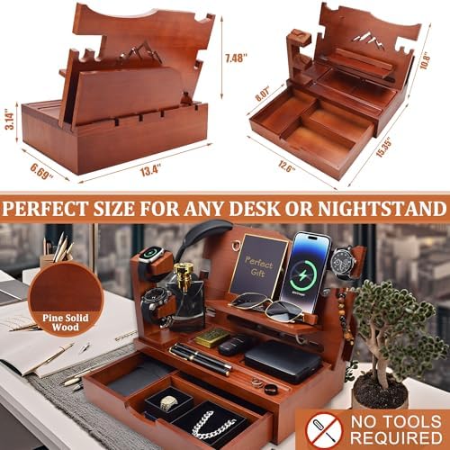 Nightstand Organizer for Men with Large Drawer Gift for Men Walnut