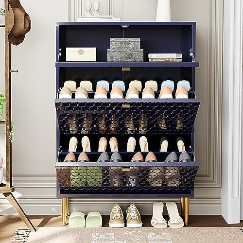 Boyel Living 3 Flip Drawers Free Standing Shoe Racks,Modern Shoes Cabinet with Brass Knobs and Legs, 24 Pair for Entryway (Blue