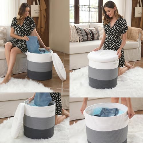 16x18 Inch Extra Large Round Cotton Rope Storage Basket with Lid, Decorative Woven Bin with Cover for Living Room Bedroom Closet, Grey & Dark Grey
