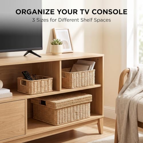 Wicker Storage Basket with Lid for Shelves, 3-Basket Set, Natural