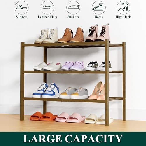 Smiry Bamboo Shoe Rack, 14 Vertical Slats, 3 Tier - 26.8" Wide, Walnut