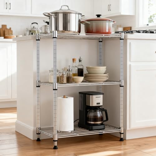 M MZG 450 lbs Wire Storage Shelving 3-Tier Utility Shelving Unit Steel Organizer Wire Rack for Home,Kitchen,Office,Chrome(11.8" D x 17.7" W x 26.4" H)