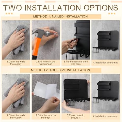 Novabright Bedside Wall Organizer Metal Shelf for Dorm Bedroom,Black