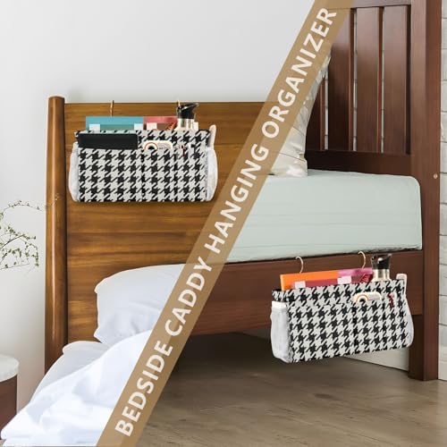 Classic Houndstooth Print Bedside Caddy Storage Bag Bedside Organizer for Bunk Bed Headboards College Organizer Caddy Hanging Shelf 6 Pockets with Hooks for Drinks Magazine Phone Holder