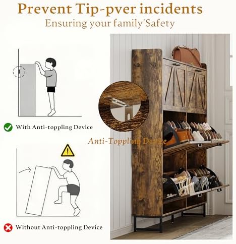 Wodeer Shoe Cabinet Storage for Entryway, Shoe Storage Cabinet with 6 Flip Drawers, Freestanding Narrow Shoe Rack Organizer with Metal Legs, Adjustable Shelves & Open Storage for Foyer, Hallway, Brown