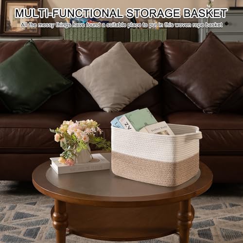 OIAHOMY Woven Storage Basket for Shelves, Rectangle Cotton Rope Baskets for Organizing, 13 x 10 x 9 in, Storage Bins for Dog Toys,Towel,Books,Gift,Brown and White