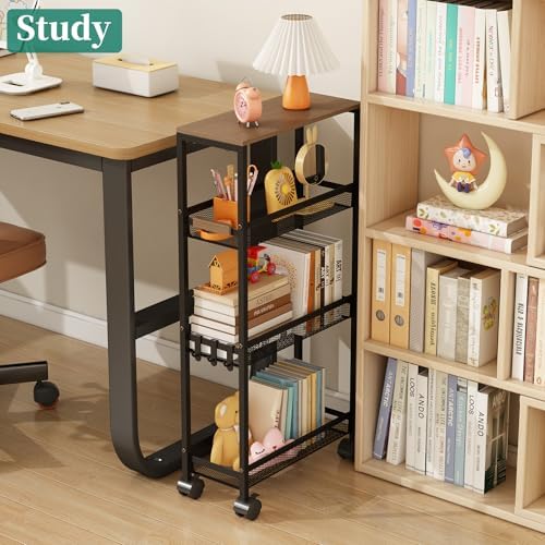 4-Tier Slim Utility Rolling Laundry Cart with Wheels, Easy to Assemble | 7.2" Wide for Narrow Spaces, Wood Top with Metal Frame, Mobile Storage Shelves for Bathroom, Kitchen, Office