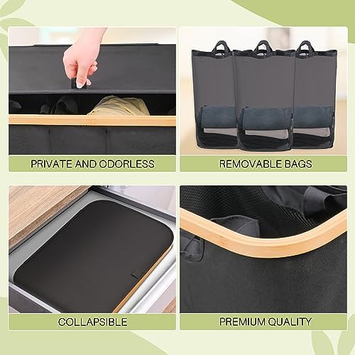 160L Laundry Hamper with Lid, 3 Section Laundry Basket with 3 Removable Bag | Clothes Hampers for Laundry with Bamboo Frame Handle, Large Dirty Clothes Hamper for Laundry Room, Bathroom, Bedroom, Grey