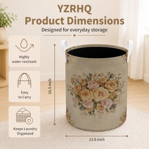 Vintage Floral Laundry Basket, Floral Bathroom Decor, Retro French Country Rose Flower Waterproof Laundry Hamper Clothes Toys Storage Organizer Bin for Bathroom Bedroom