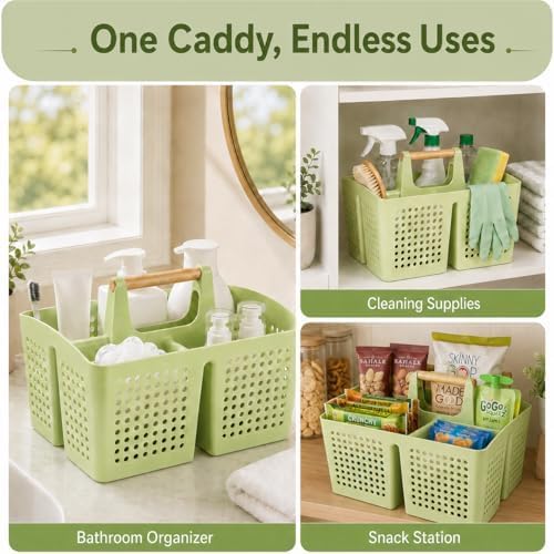Portable Shower Caddy Basket with 3 Compartments and Handle, Grass Green | Plastic Divided Storage Caddy for Camping, RVs, Outdoor Showers, Bathrooms, Laundry Rooms and Cleaning Supplies
