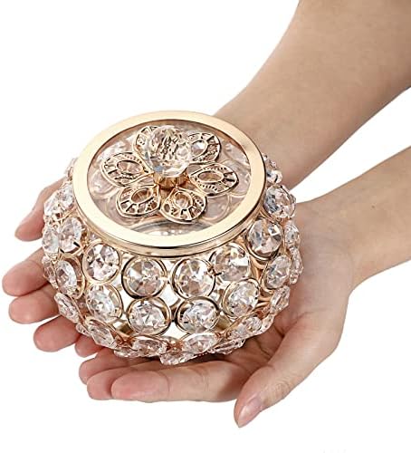 Hipiwe Crystal Jewelry Box with Glass Lid Small Gold Trinket Organizer