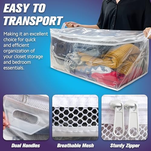 HIBAG 20 Gallon Large Storage Bag for Clothes, Zipper Clothing Storage Bag, Clear Organizer with Reinforced Handles, for Comforters Blankets Pillows Bedding (4 Pack)