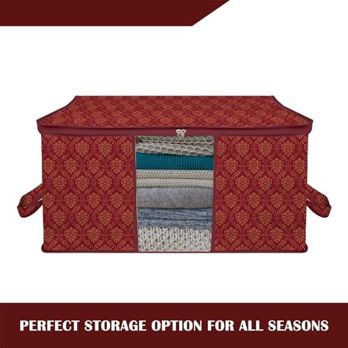 Kuber Industries Pack of 12 Non Woven Underbed Storage Organizer | Storage Bags For Clothes, Blanket | Clothes Storage Bag For with Handle & Visible Window | Golden Printed - Maroon