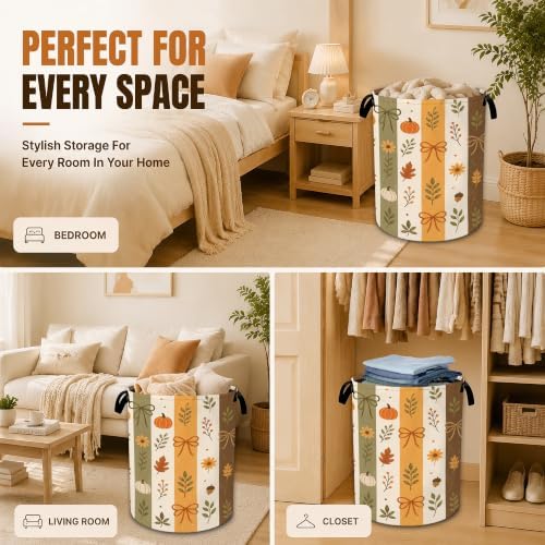 Decorative Laundry Hamper with Fall Pumpkin,Autumn Flower Foldable Oxford Basket with Handles, Portable Clothes Storage Organizer and Dirty Clothes Basket for Laundry Room Bedroom Bathroom Dorm