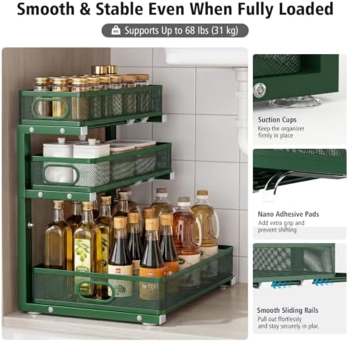 Under Sink Organizer, 3-Tier Sliding Drawers, 2-Pack Forest Green