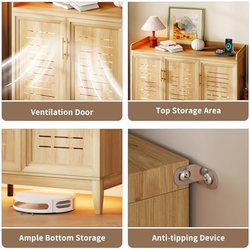 Vlsrka Rotating Shoe Storage Cabinet with Slatted Doors and Lights, Wood
