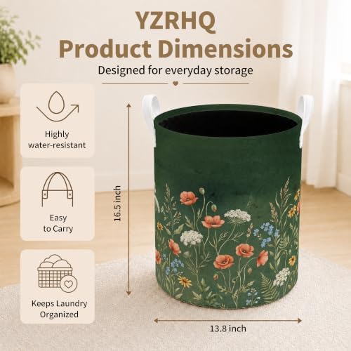 Vintage Wildflower Laundry Basket, Dark Green Botanical Cottagecore Floral Waterproof Laundry Hamper Clothes Toys Storage Organizer Bin for Bathroom Bedroom