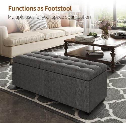 38" Dark Grey Fabric Storage Ottoman Bench with Hinged Lid