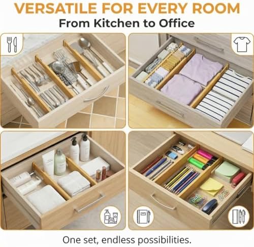 FUSHITON Bamboo Drawer Dividers 17"-22" Adjustable Expandable Drawer Organizers Spring Loaded Drawer Separators for Kitchen Dresser Bathroom Bedroom Office Storage, 4 Pack