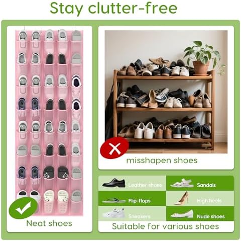 Over the Door Shoe Organizer with 40 Large Breathable Mesh Pockets, Space Saving Shoe Holder, Hanging Shoe Rack for Entryway Bedroom Closet Storage (Pink, 40 Pockets)