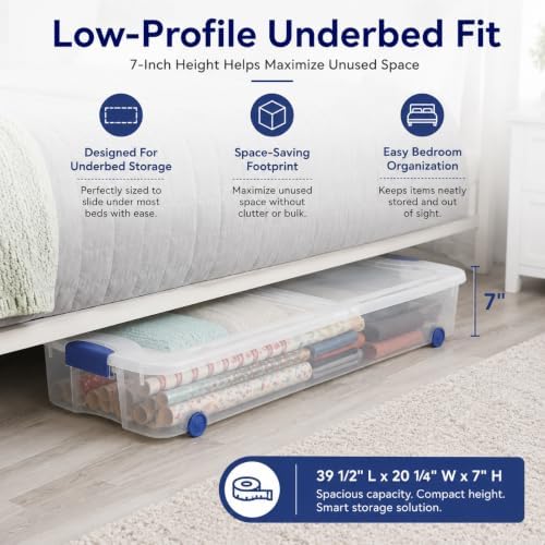 Underbed Storage Bin 66-Quart, Clear, Wheels, Lid Organizer for Bed, Closet