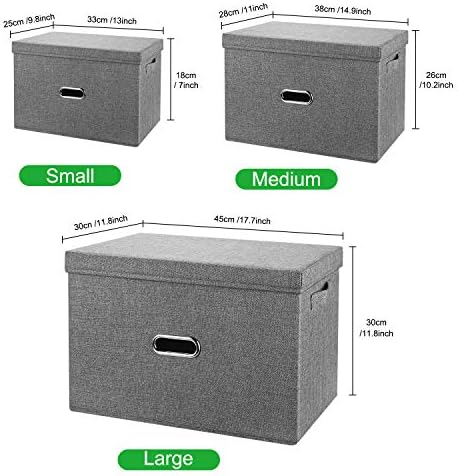 Large Linen Collapsible Storage Bins with Removable Lids and Handles, Washable Storage Box Containers Baskets Cube with Cover for Bedroom,Closet,Office,Living Room,Nursery (Grey, Large)