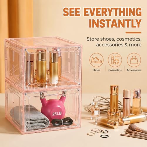 Translucent Pink Shoe Storage Boxes, 2026 2nd Gen Thickened Hard Plastic Stackable Organizer with Magnetic Door, Folding Shoe Racks for Closet, Decorative Sneaker Display Cases, 6 Pack