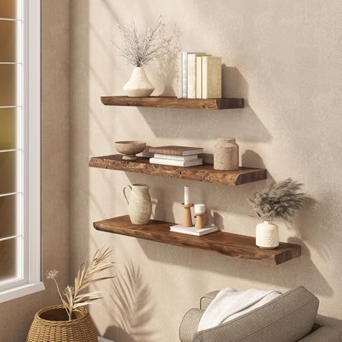 36" Live Edge Floating Shelves Set of 2, Solid Elm Wood, Vintage