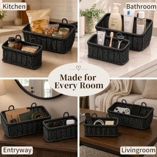 Wall Hanging Baskets, 2 Pack Woven Wicker Baskets with Hooks, Black
