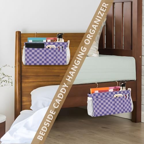 Purple Checkerboard Print Bedside Caddy Storage Bag Bedside Organizer for Bunk Bed Headboards College Organizer Caddy Hanging Shelf 6 Pockets with Hooks for Drinks Magazine Phone Holder