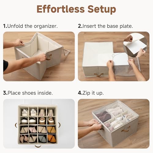 StorageWorks 2-Pack 32-Pair Shoe Storage Organizer for Closet, Taupe | Adjustable Dividers, Holds up to 16 Pairs Each, Foldable, Clear Lid, Soft Handles, Fits Flats, Boots & Heels, For Entryway