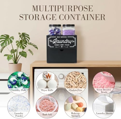 Laundry Pods Container and Dryer Sheet Holder for Laundry Room Organization&Decor, Detergent Powder Container Include 2 Plastic Jars with Lids for Powder, Pods, Scent Booster Beads