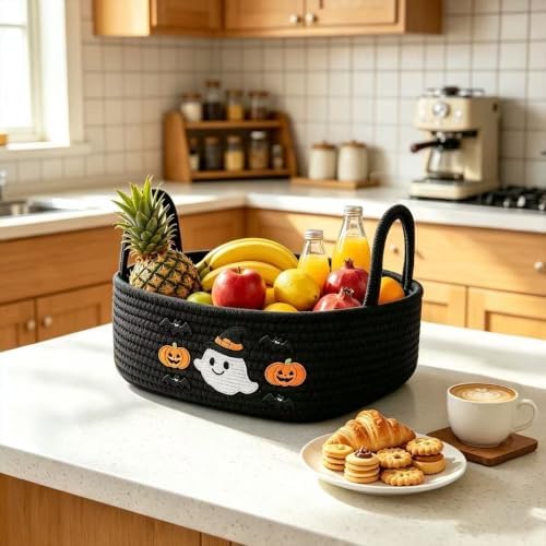 Cute Halloween Ghost & Pumpkin Woven Storage Basket(Black