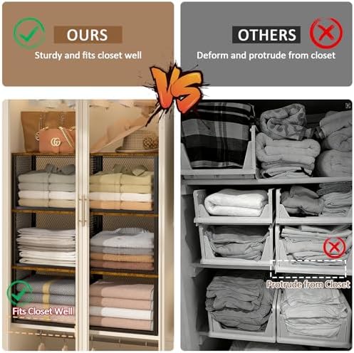 3 Pack Stackable Closet Organizers and Storage Basket, Closet Shelves with Wood Top Extra Storage, Multifunctional Clothes Organizer Bins/Cube Storage Drawer for Wardrobe Kitchen Laundry Room, Black