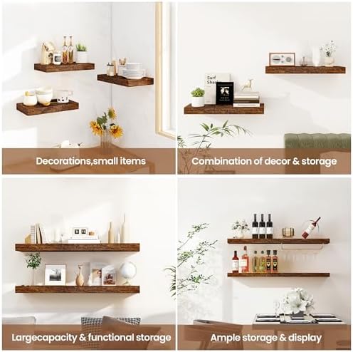 Vivelove Floating Shelves 9 inch Deep 48”Long Set of 2, Rustic Brown | Easy Install With Hardware, 1.5" Thick, Invisible Brackets, Wall Mounted, No Sagging, For Any Room