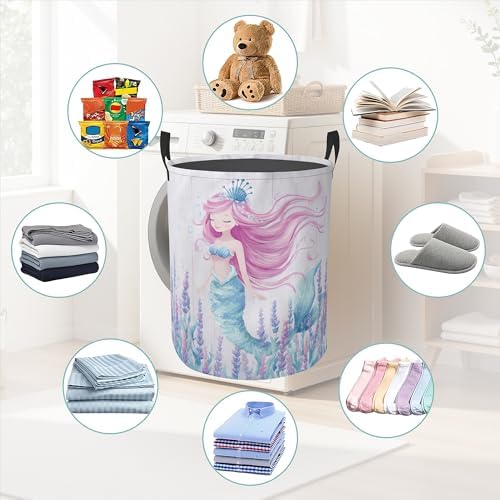 Mermaid Laundry Basket With Handles Tote Bag Oxford Cloth Funny Laundry Hamper Clothes Storage Bucket Toy Organizer 16" X 20.8"For Bathroom/Laundry/Bedroom