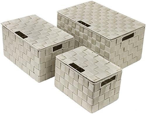 Sorbus Storage Basket with Lid, 3-Piece Woven Set for Shelves (Beige)