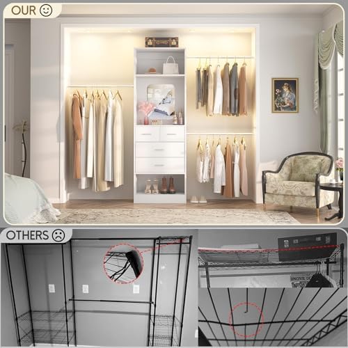 Unikito 8FT Closet System with Mirror and 3 Extendable Hanging Rods, White
