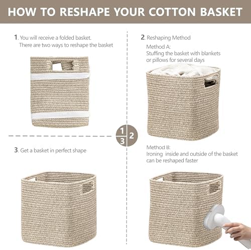 UBBCARE Set of 4 Storage Basket-13 X 13 X 13 in, Cotton Rope Baskets for Shelves, Toys, Book, Cube Storage Bins with Handles, Woven Storage Basket for Organizing, Mix-Brown