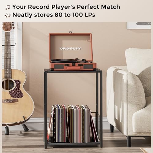 Homleke Side Table with Magazine Holder, Record Player Stand with LP Shelf
