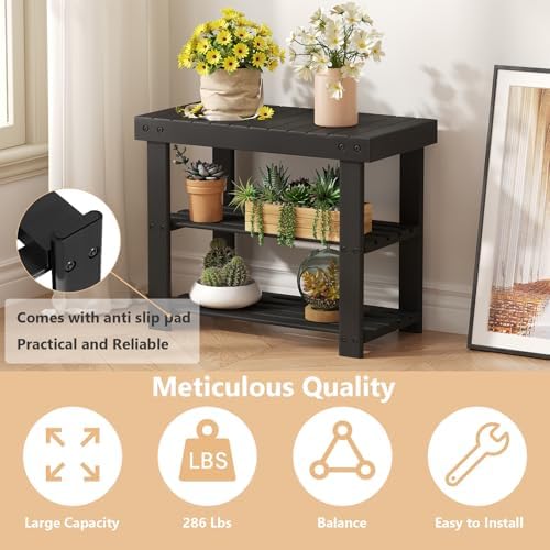 Sweetcrispy 3-Tier Shoe Rack Bench for Entryway, 19 Inches, Black