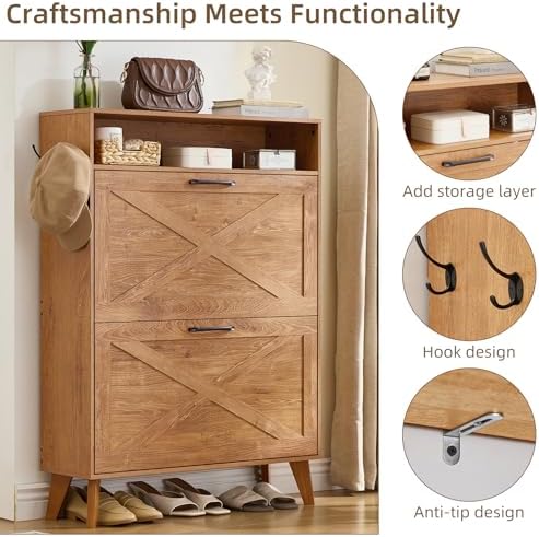 Joaxswe Narrow Shoe Cabinet with 2 Flip Drawers for Entryway,Tea Brown