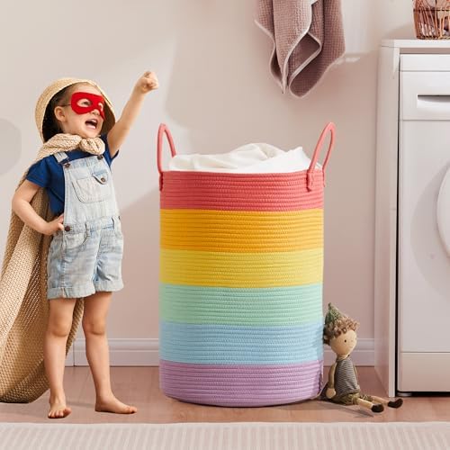 80L Extra Large Rainbow Laundry Hamper Basket for Girls Kids | For Nursery Toddler, Tall Unicorn Hamper for Clothes, Woven Rope Toy Storage Basket, Playroom Bedroom, 16"D x 22"H