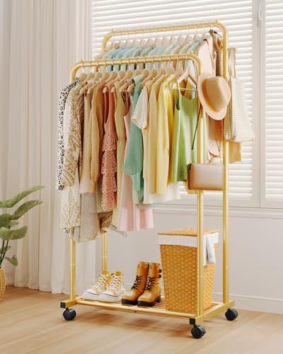 Sakugi Double Rod Clothes Rack Mesh Shelf & Hooks, 28.7x16.5x59.1, Gold