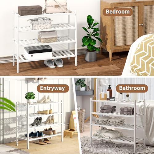 Bamboo Shoe Rack Stackable Shoe Shelf Storage Organizer for Unit Entryway Hallway and Closet Sturdy Freestanding Shoe Shelf(4 Tier White)
