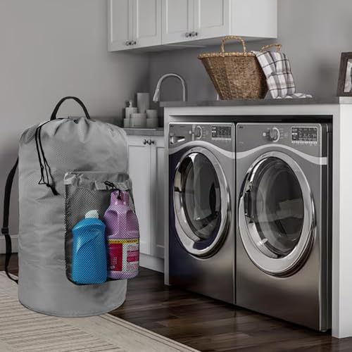 Laundry Bag with Shoulder Straps and Mesh Pocket Laundry Backpack Large Portable Laundry Hamper for College Laundromat Apartment (Gray)